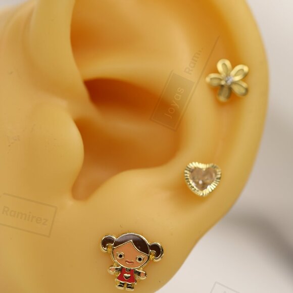 Enamel Girl Stud Earrings For Kids In Solid 14K Gold • Jewelry For Girls. - Picture 14 of 15